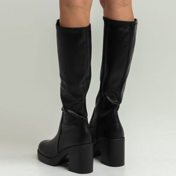 NEW🔥 Black Knee High Moto Boot Chunky Platform Block Heel Stretchy Faux Leather - Picture 3 of 4